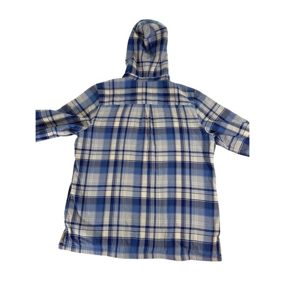 L.L. Bean Blue Plaid Hoodie Button-Up Flannel Shacket Women Size L Jacket Shirt - Picture 4 of 8